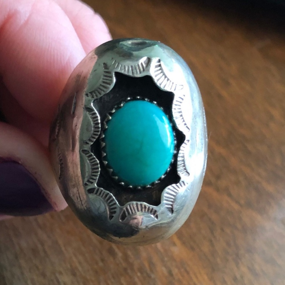 Beautiful Signed R. Spencer Navajo Turquoise Sterling Silver Ring - SZ 13